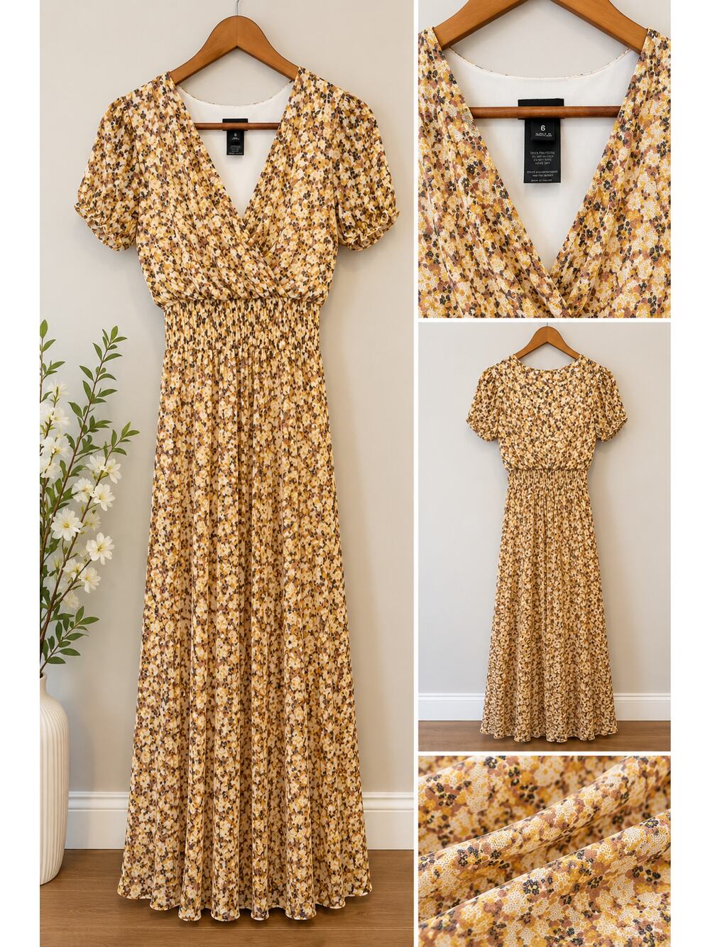 Floral Boho Maxi Dress Women's Yellow  Smocked Waist Cottagecore Dress Size 6
